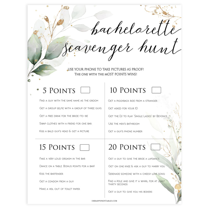 bachelorette scavenger hunt, hen party scavenger hunt, Printable bachelorette games, greenery bachelorette, gold leaf hen party games, fun hen party games, bachelorette game ideas, greenery adult party games, naughty hen games, naughty bachelorette games