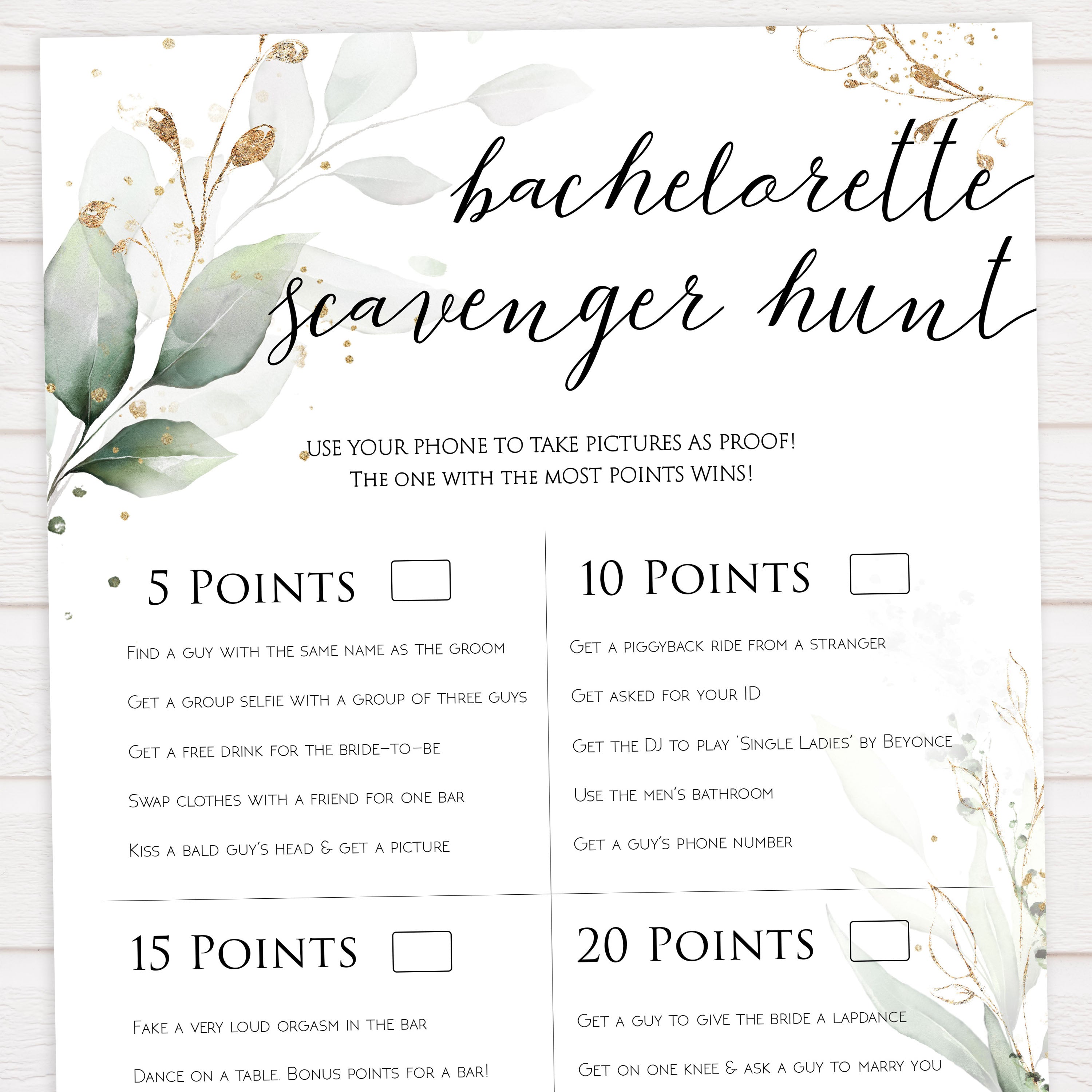 bachelorette scavenger hunt, hen party scavenger hunt, Printable bachelorette games, greenery bachelorette, gold leaf hen party games, fun hen party games, bachelorette game ideas, greenery adult party games, naughty hen games, naughty bachelorette games