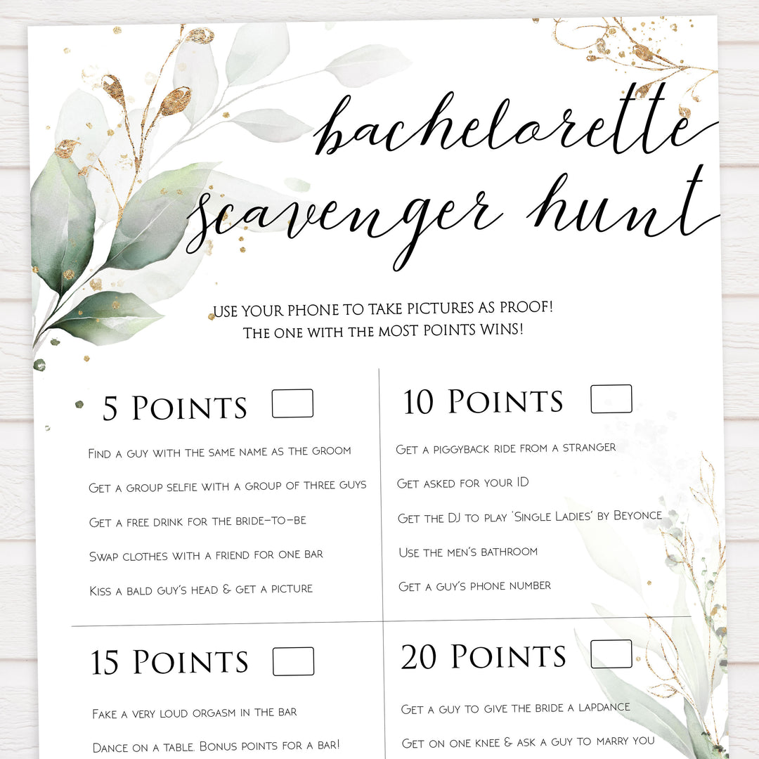 bachelorette scavenger hunt, hen party scavenger hunt, Printable bachelorette games, greenery bachelorette, gold leaf hen party games, fun hen party games, bachelorette game ideas, greenery adult party games, naughty hen games, naughty bachelorette games