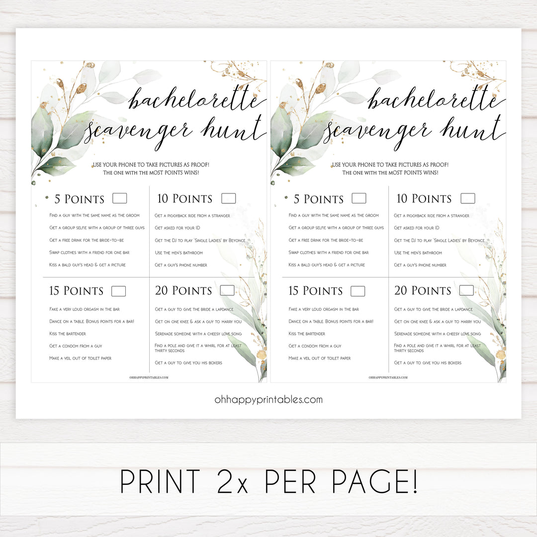 bachelorette scavenger hunt, hen party scavenger hunt, Printable bachelorette games, greenery bachelorette, gold leaf hen party games, fun hen party games, bachelorette game ideas, greenery adult party games, naughty hen games, naughty bachelorette games