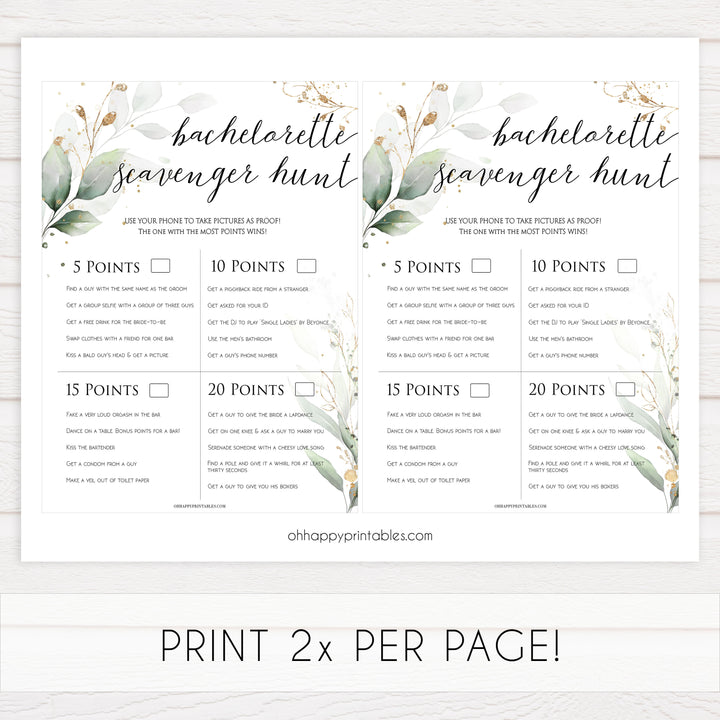 bachelorette scavenger hunt, hen party scavenger hunt, Printable bachelorette games, greenery bachelorette, gold leaf hen party games, fun hen party games, bachelorette game ideas, greenery adult party games, naughty hen games, naughty bachelorette games