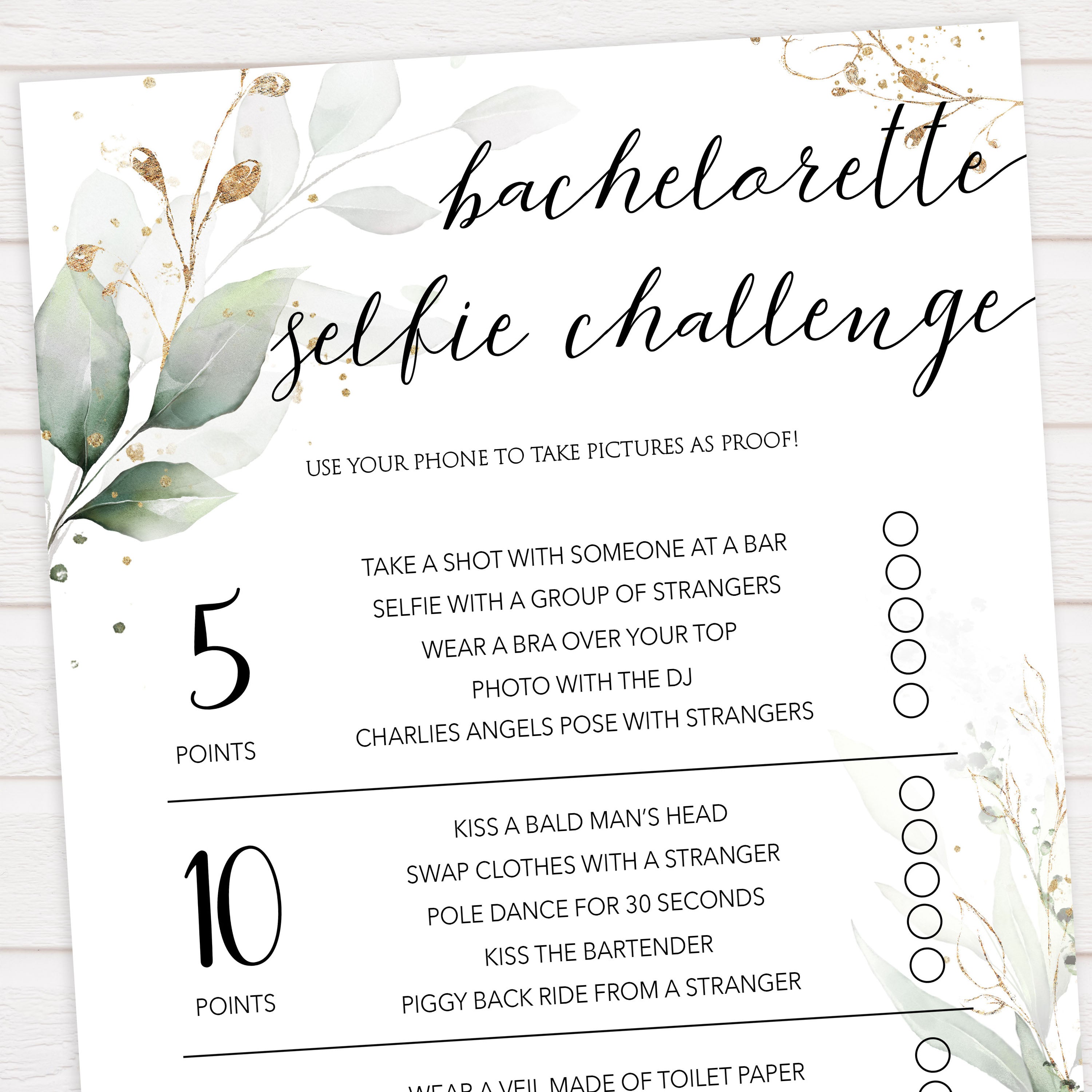 bachelorette selfie challenge, Printable bachelorette games, greenery bachelorette, gold leaf hen party games, fun hen party games, bachelorette game ideas, greenery adult party games, naughty hen games, naughty bachelorette games