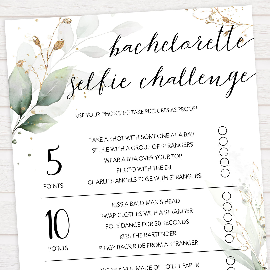 bachelorette selfie challenge, Printable bachelorette games, greenery bachelorette, gold leaf hen party games, fun hen party games, bachelorette game ideas, greenery adult party games, naughty hen games, naughty bachelorette games