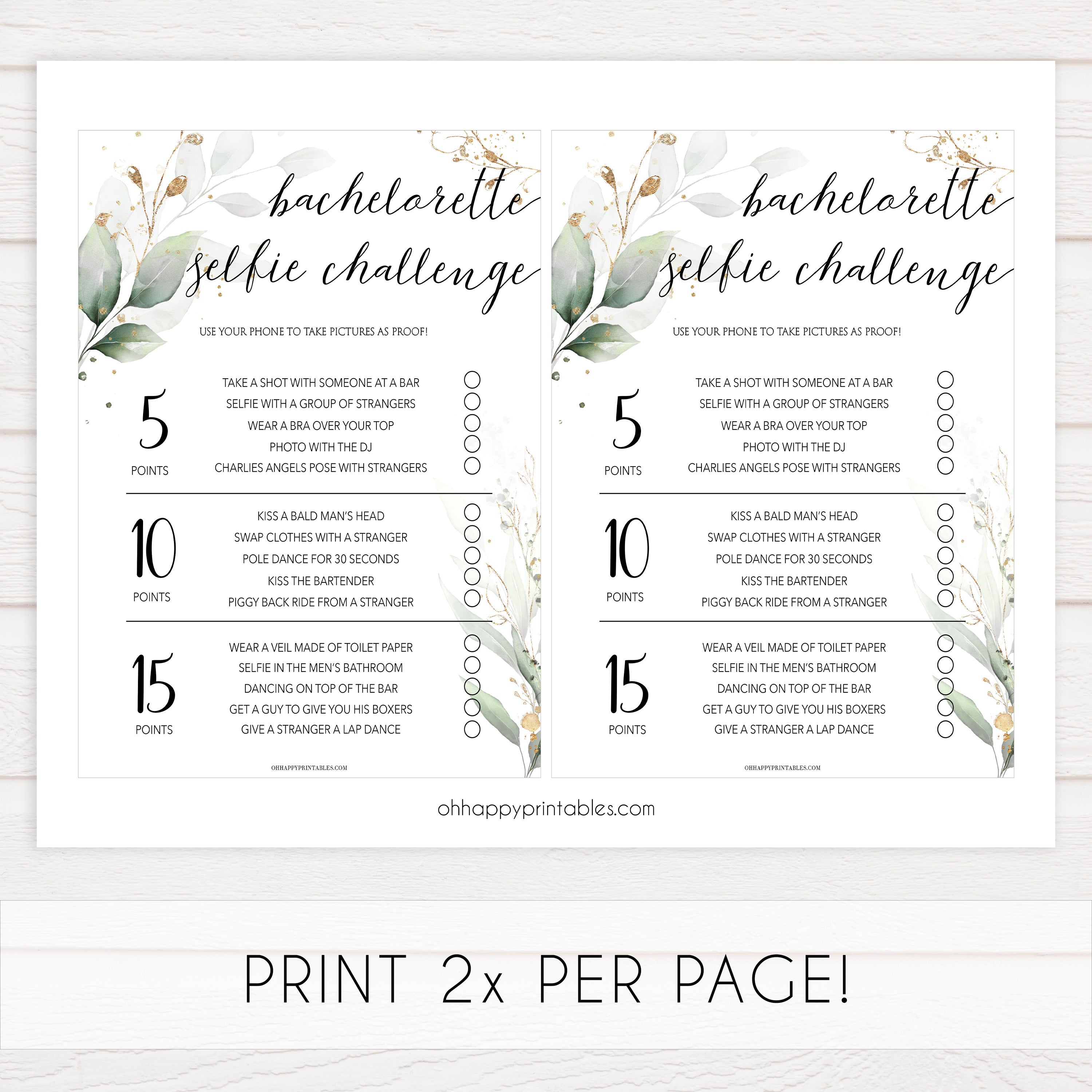 bachelorette selfie challenge, Printable bachelorette games, greenery bachelorette, gold leaf hen party games, fun hen party games, bachelorette game ideas, greenery adult party games, naughty hen games, naughty bachelorette games