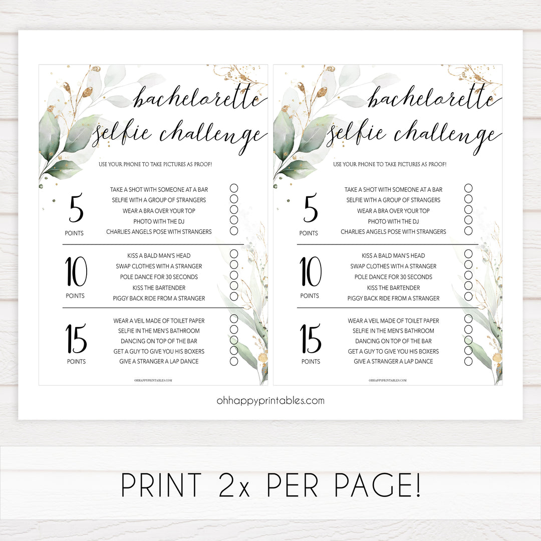 bachelorette selfie challenge, Printable bachelorette games, greenery bachelorette, gold leaf hen party games, fun hen party games, bachelorette game ideas, greenery adult party games, naughty hen games, naughty bachelorette games
