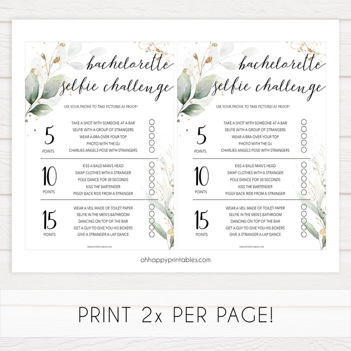 bachelorette selfie challenge, Printable bachelorette games, greenery bachelorette, gold leaf hen party games, fun hen party games, bachelorette game ideas, greenery adult party games, naughty hen games, naughty bachelorette games