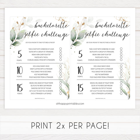 bachelorette selfie challenge, Printable bachelorette games, greenery bachelorette, gold leaf hen party games, fun hen party games, bachelorette game ideas, greenery adult party games, naughty hen games, naughty bachelorette games