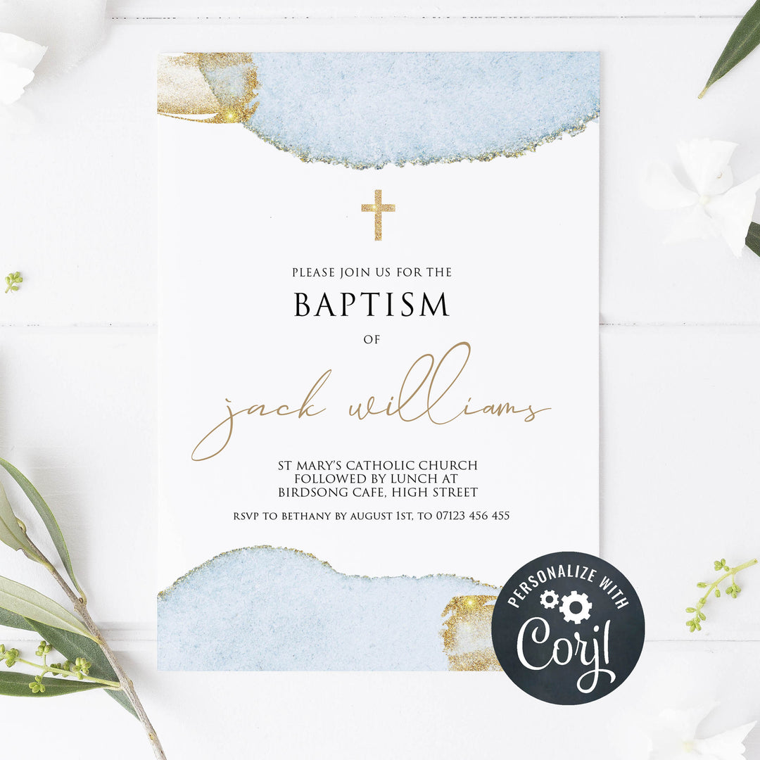 editable blue gold baptism invitation, editable baptism invite, baptism invitations