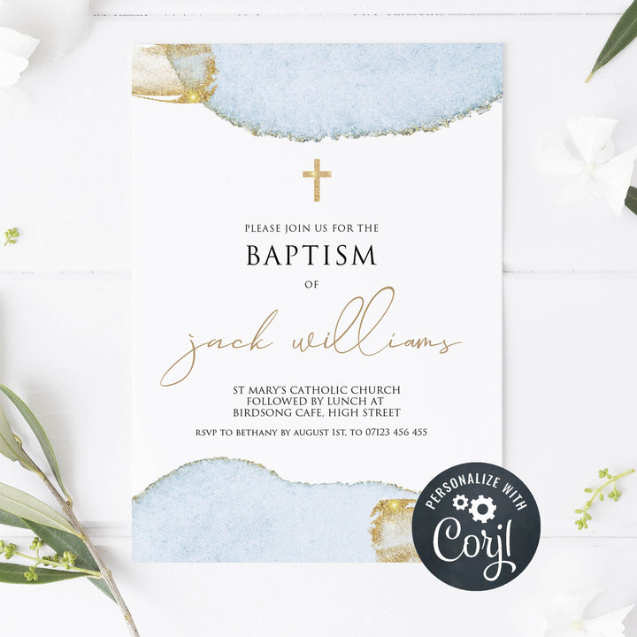 editable blue gold baptism invitation, editable baptism invite, baptism invitations