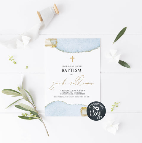 editable blue gold baptism invitation, editable baptism invite, baptism invitations