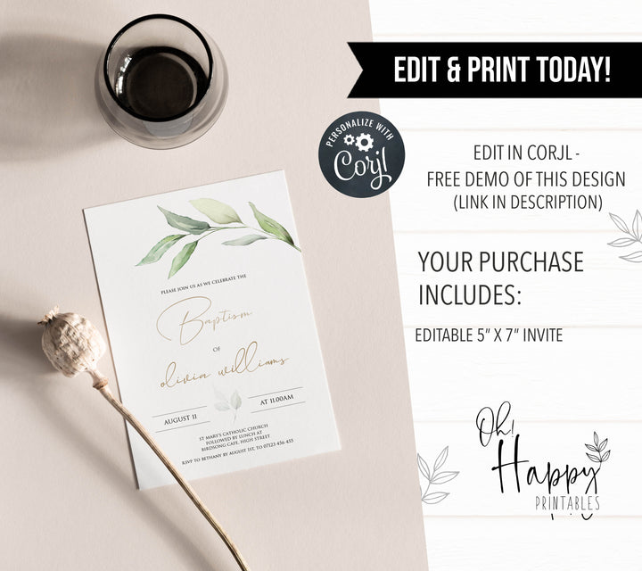 simple floral baptism invitation, editable baptism invitation, floral baptism evite, floral baptism invitation