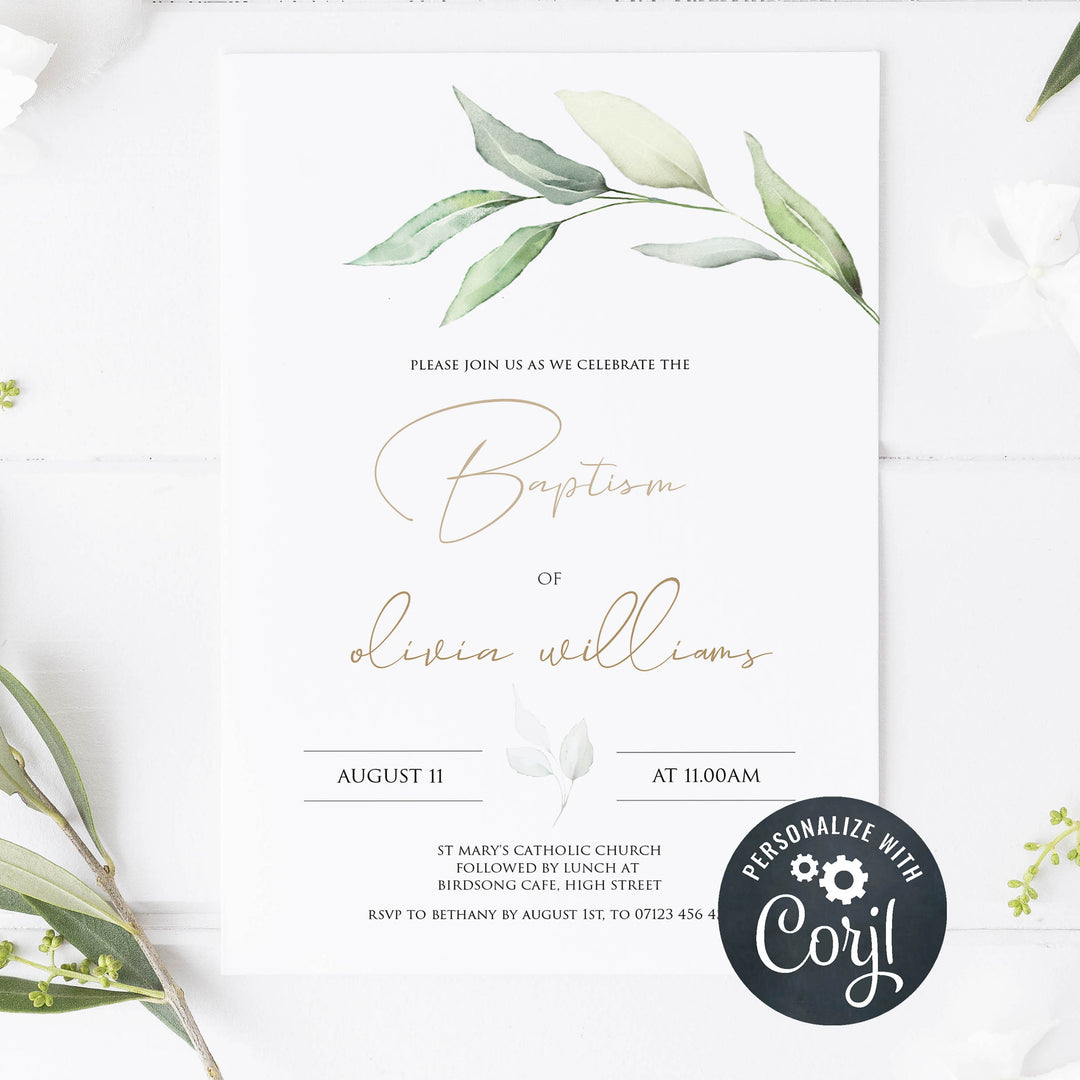 simple floral baptism invitation, editable baptism invitation, floral baptism evite, floral baptism invitation