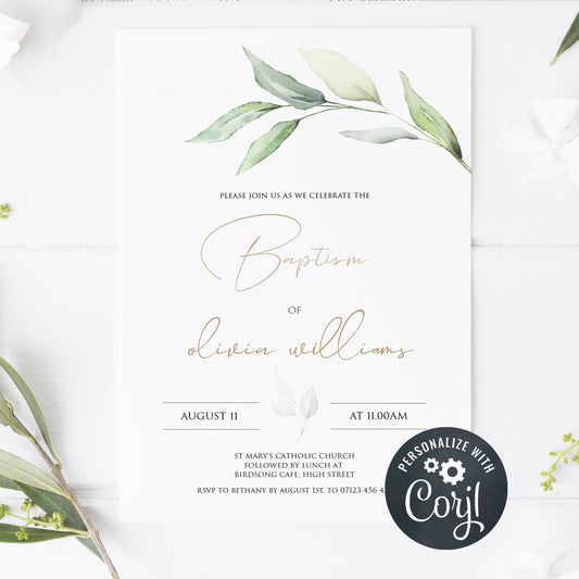 simple floral baptism invitation, editable baptism invitation, floral baptism evite, floral baptism invitation