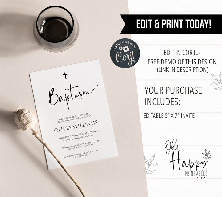 simple baptism invitation, baptism invite, editable baptism invitation