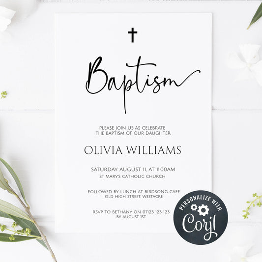 simple baptism invitation, baptism invite, editable baptism invitation