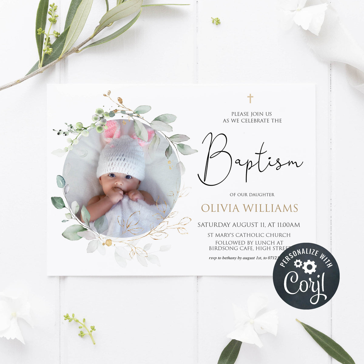 EDITABLE Photo Floral Baptism Invitation