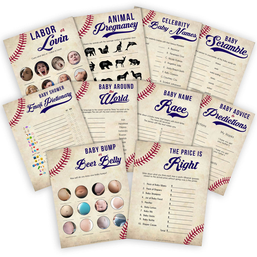baseball 10 baby games games, baby shower games pack, printable baby shower games, baseball baby games, fun baby games, popular baby games