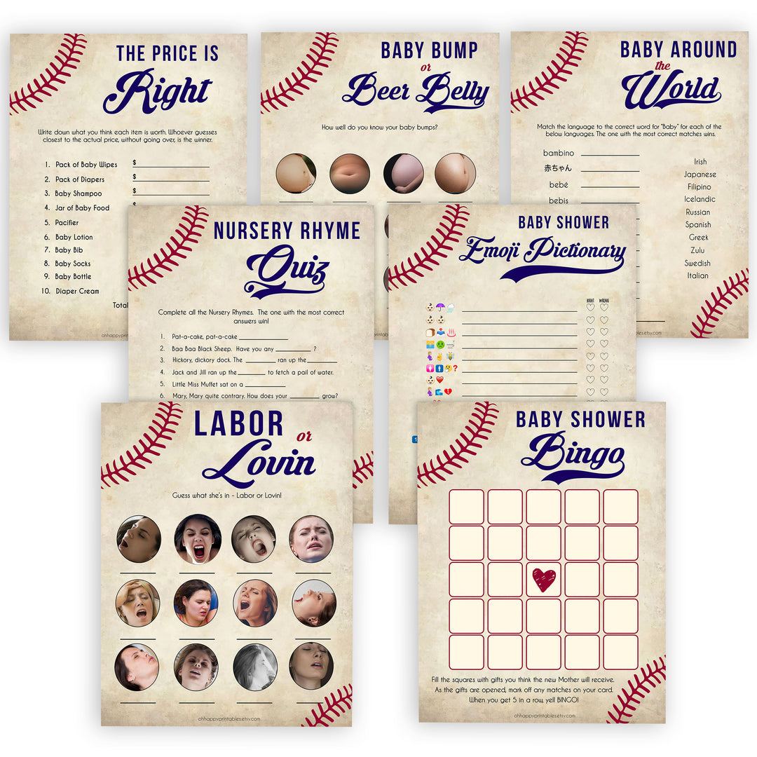 7 baseball theme baby shower games pack, printable baby shower games, baby shower games, fun baby games, popular baby games, little slugger baby games
