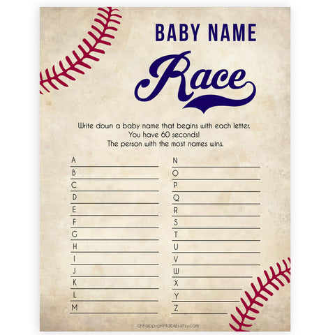 Baseball Baby Name Race Game, Baby Shower Games, Baby Names Game, Baby Names Game, Baseball Baby Shower Game, Baby Name Race Game, printable baby shower games, fun baby shower games, popular baby shower games
