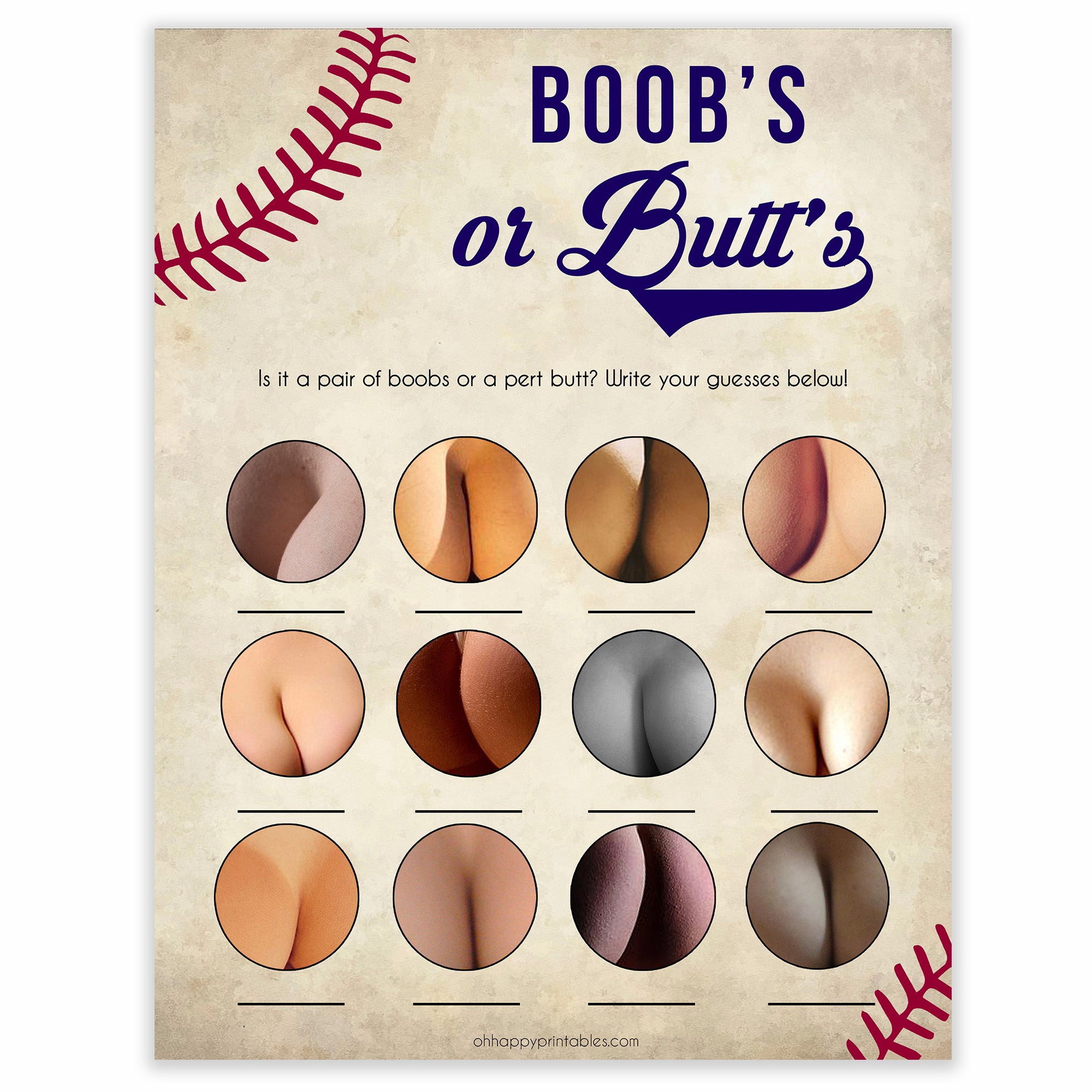 Boobs or Butts Baby Shower Game - Baseball Printable Baby Shower