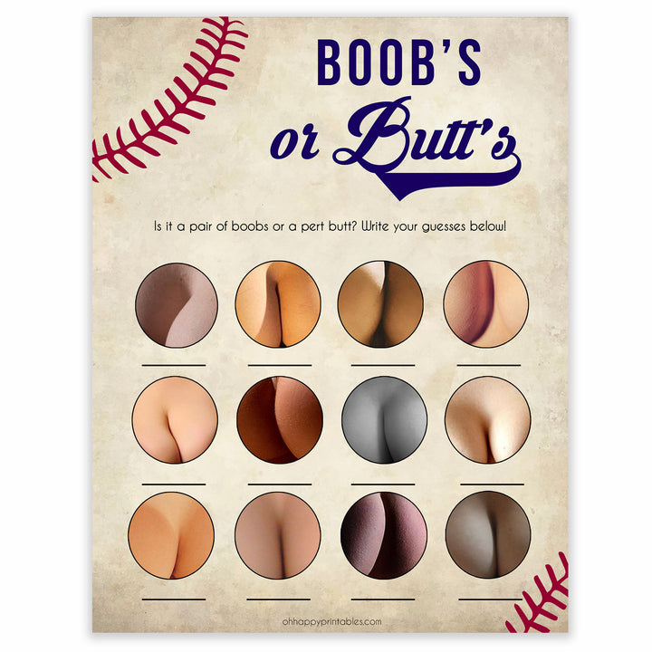 Baseball Boobs or Butts Game, Printable Baby Shower Games, Boobs or Butts Game, Baby Shower Games, Boob Baby Game, Gold Baby Games, printable baby shower games, fun baby shower games, popular baby shower games