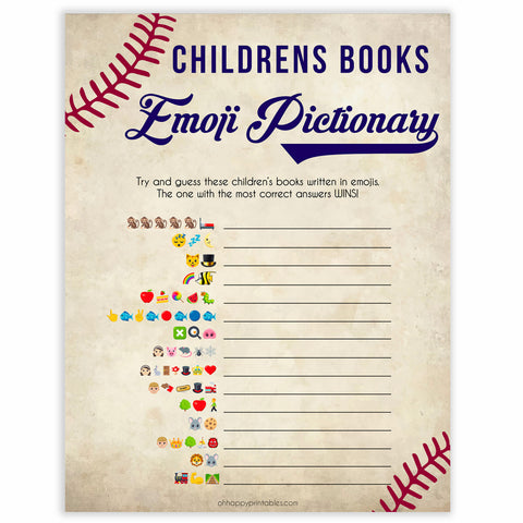 Baseball Childrens Books Emoji Pictionary, Childrens Book Emoji Game, Printble Baby Shower Games, Little Slugger Emoji Baby Shower, printable baby shower games, fun baby shower games, popular baby shower games