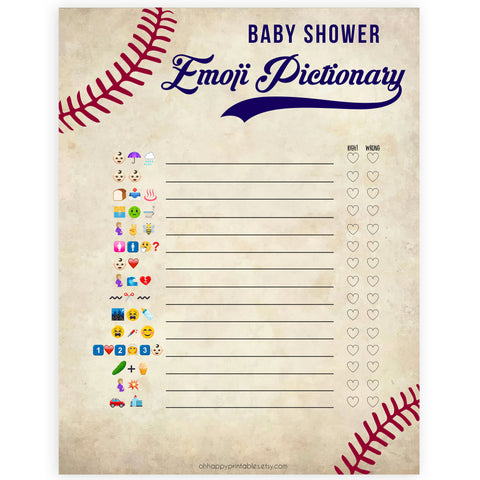 Baseball Emoji Pictionary Baby Shower Games, Emoji Baby Shower Games, Baseball Emoji Pictionary, Baseball Baby Shower Emoji Game, printable baby shower games, little slugger baby shower games, fun baby shower games