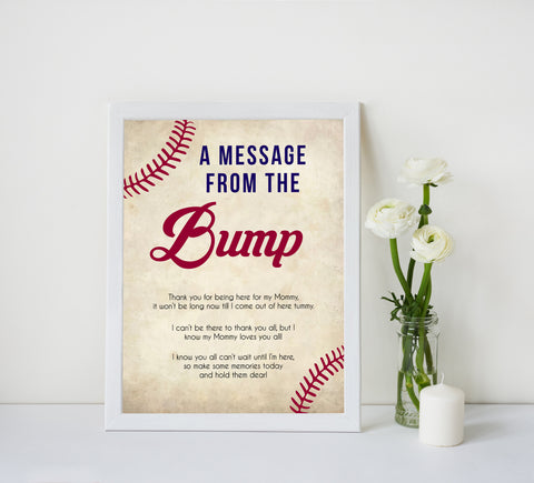 baseball message from the bump, baby shower games, baby shower signs, printable baby shower games, fun baby shower games, popular baby shower games