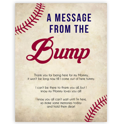 baseball message from the bump, baby shower games, baby shower signs, printable baby shower games, fun baby shower games, popular baby shower games