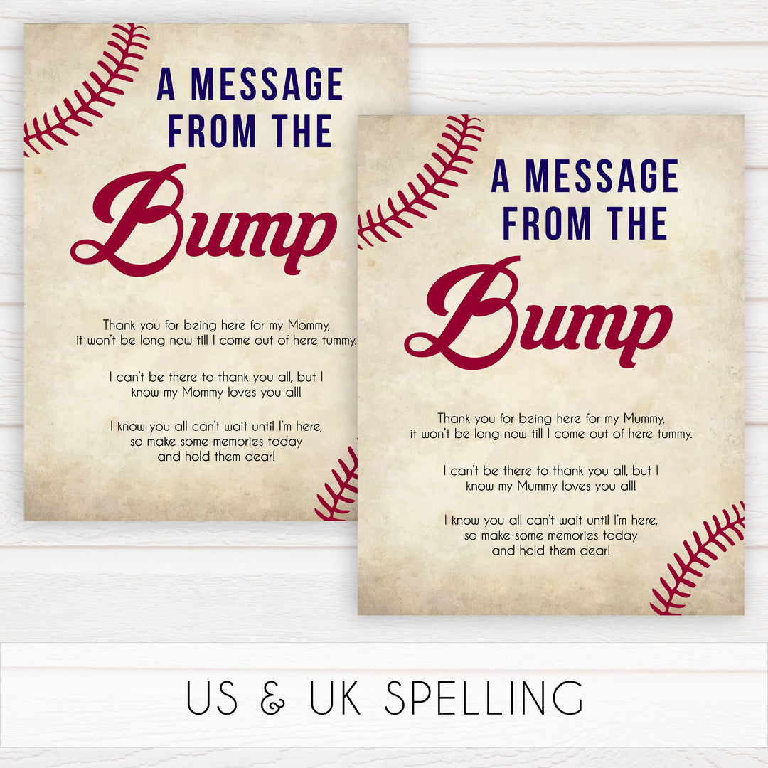 baseball message from the bump, baby shower games, baby shower signs, printable baby shower games, fun baby shower games, popular baby shower games