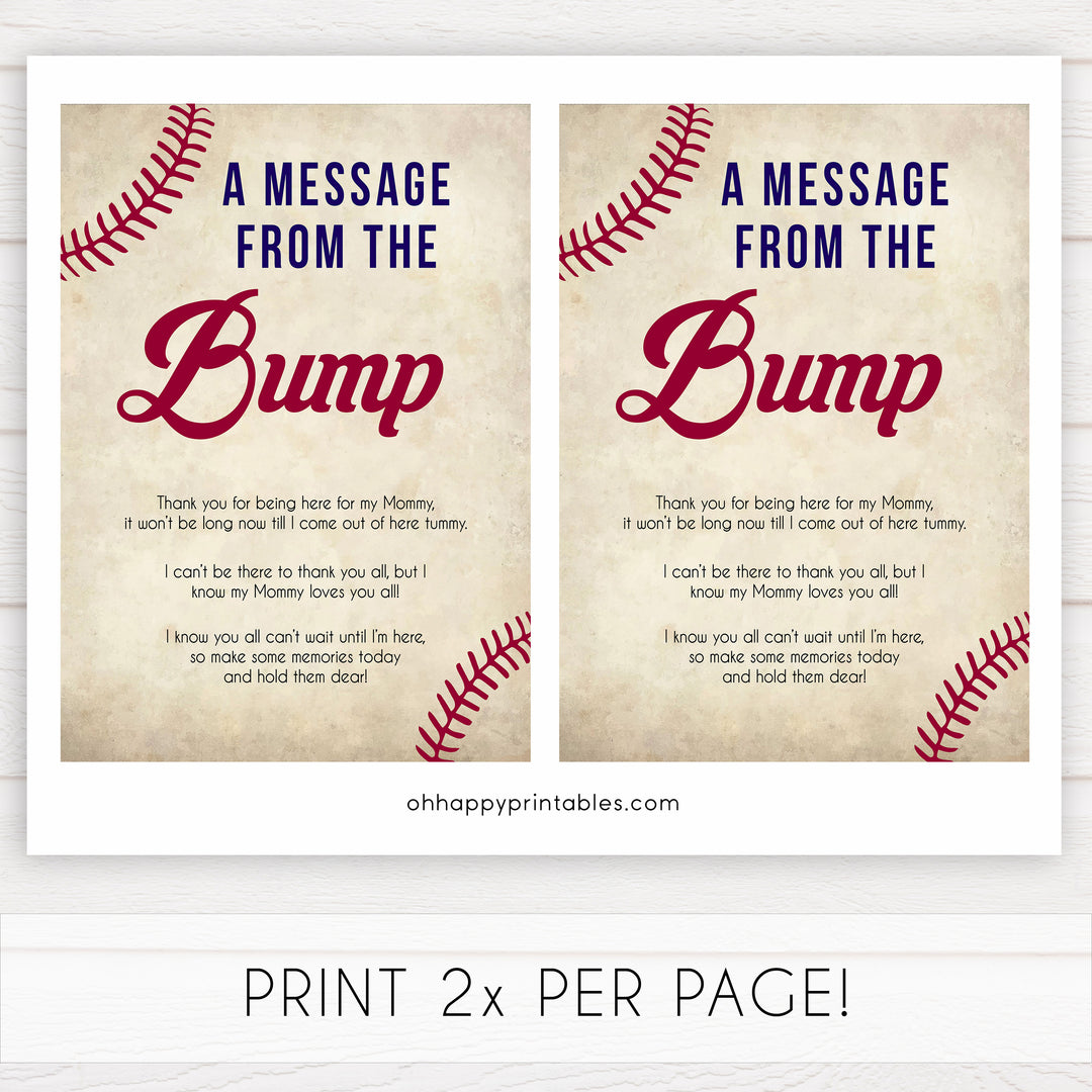 baseball message from the bump, baby shower games, baby shower signs, printable baby shower games, fun baby shower games, popular baby shower games