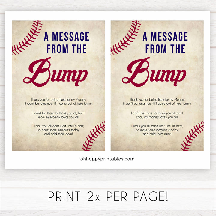 baseball message from the bump, baby shower games, baby shower signs, printable baby shower games, fun baby shower games, popular baby shower games
