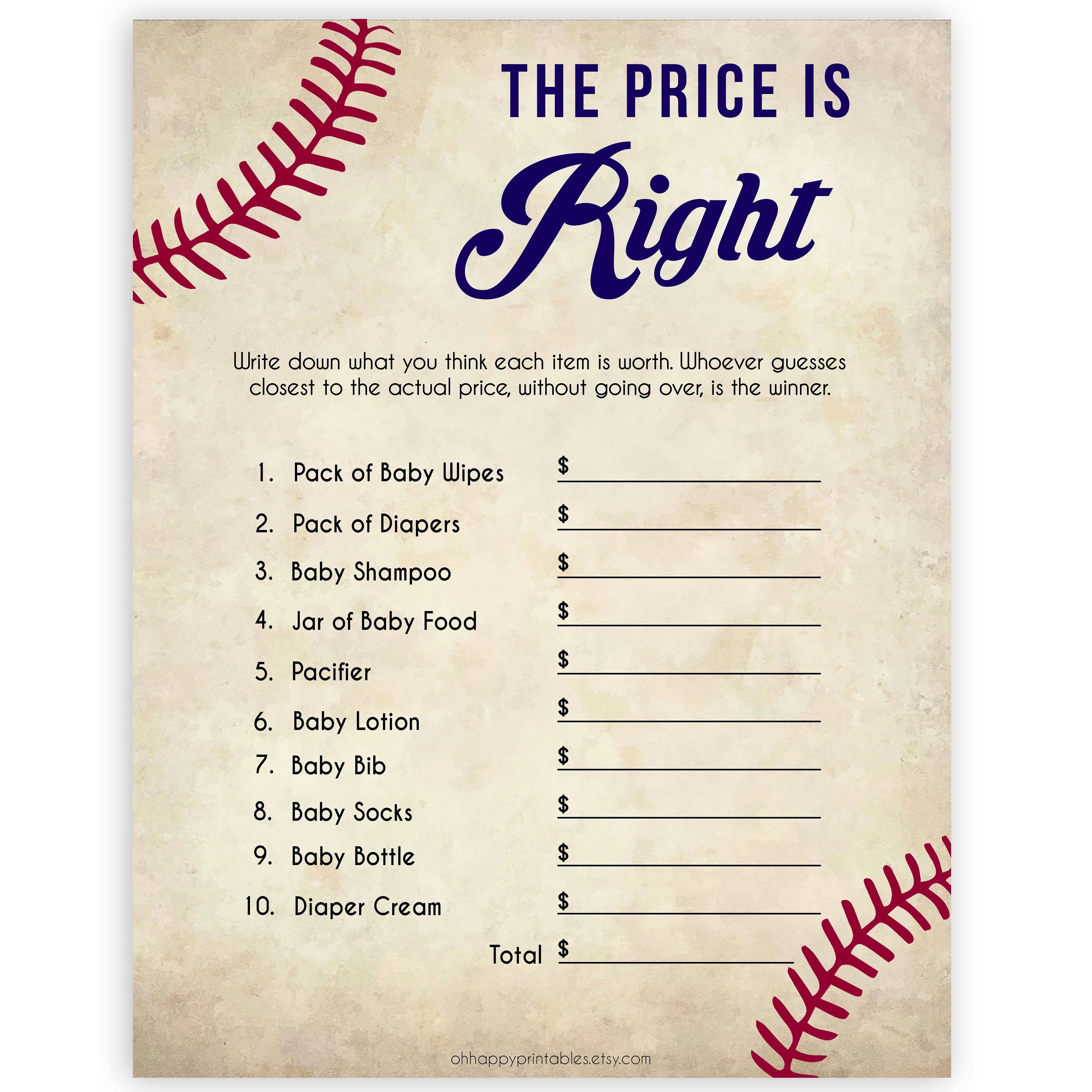 Baseball Price Is Right Baby Shower Game, Guess The Price Games, Baby Shower Price Games, Price Is Right Game, Baby Price Is Right, printable baby shower games, fun baby shower games, popular baby shower games