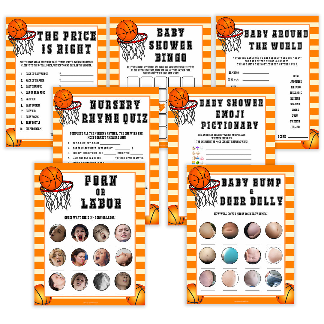 Basketball baby shower games, basketball baby games bundle, baby games pack, baby game, printable baby games, basket baby games, baby shower games, basketball baby shower idea