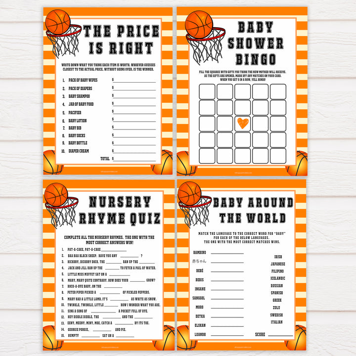 Basketball baby shower games, basketball baby games bundle, baby games pack, baby game, printable baby games, basket baby games, baby shower games, basketball baby shower idea