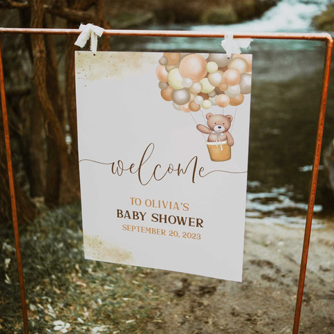 Printable baby shower welcome  with a teddy bear, we can bearly wait design