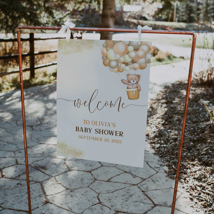 Printable baby shower welcome  with a teddy bear, we can bearly wait design