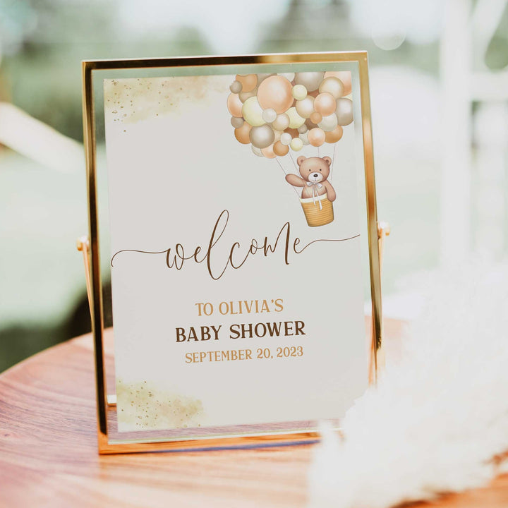 Printable baby shower welcome  with a teddy bear, we can bearly wait design