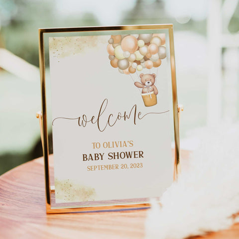 Printable baby shower welcome  with a teddy bear, we can bearly wait design