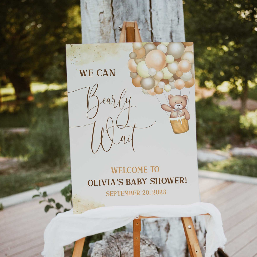 Printable baby shower welcome  with a teddy bear, we can bearly wait design