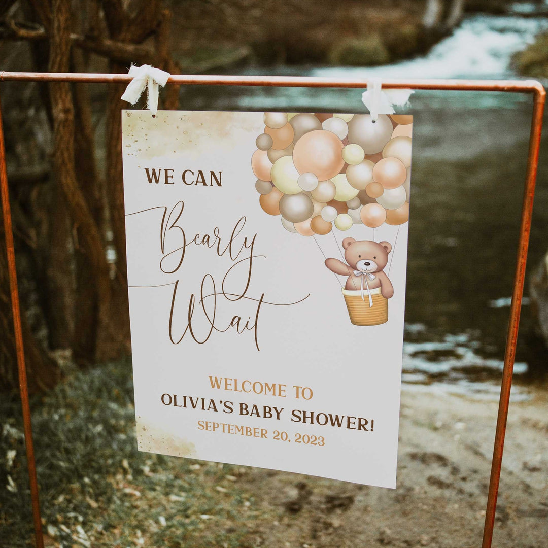Printable baby shower welcome  with a teddy bear, we can bearly wait design