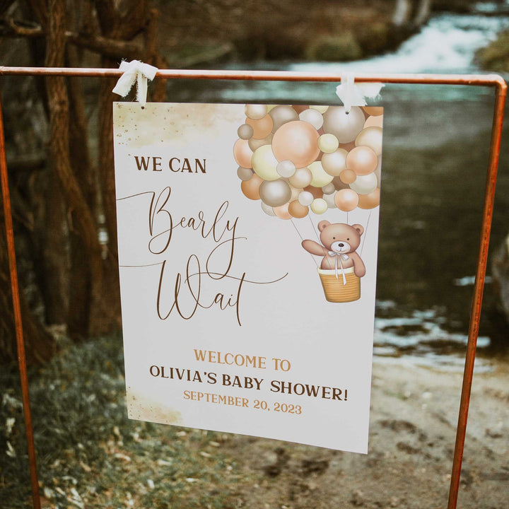 Printable baby shower welcome  with a teddy bear, we can bearly wait design