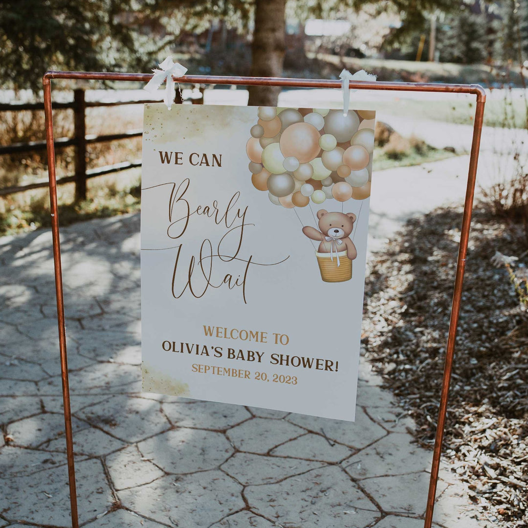 Printable baby shower welcome  with a teddy bear, we can bearly wait design