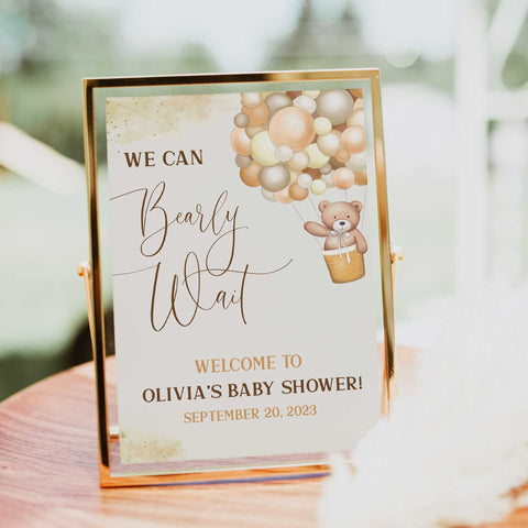 Printable baby shower welcome  with a teddy bear, we can bearly wait design