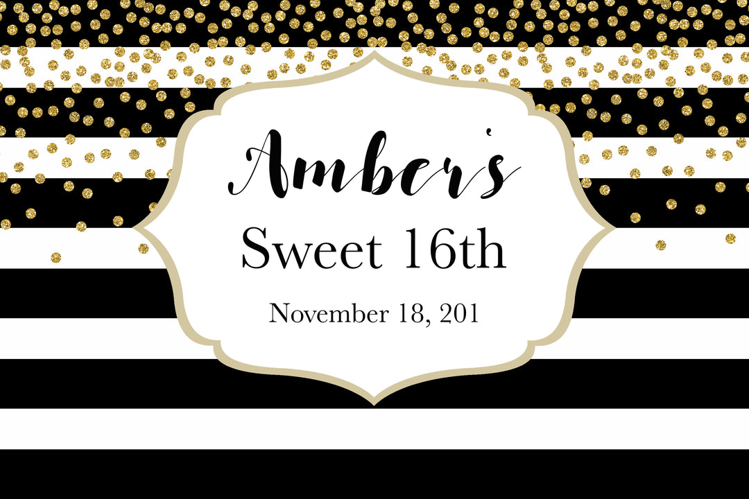 Sweet 16 Black & White Gold Glitter Backdrop Printable