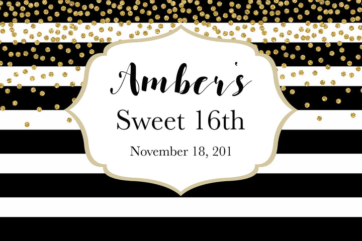 Sweet 16 Black & White Gold Glitter Backdrop Printable