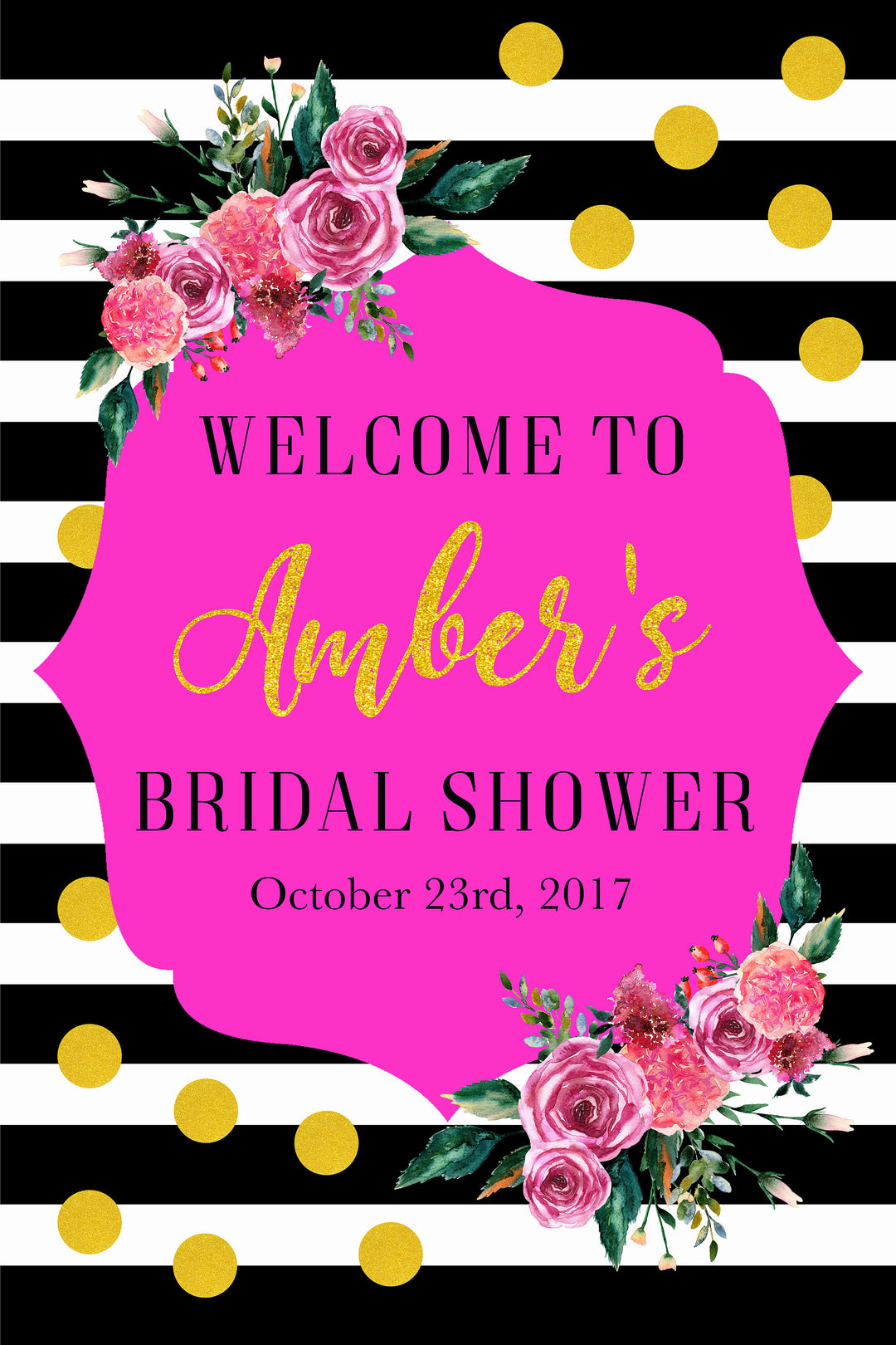 Welcome Sign Black & White Floral With Gold Dots Backdrop Printable