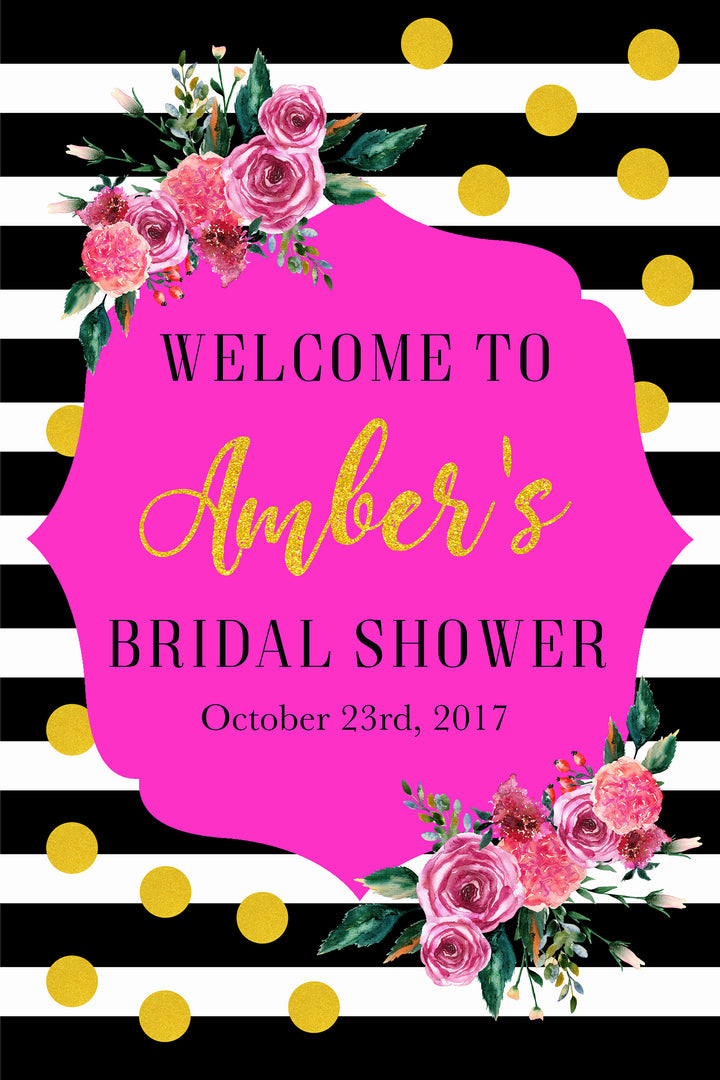 Welcome Sign Black & White Floral With Gold Dots Backdrop Printable