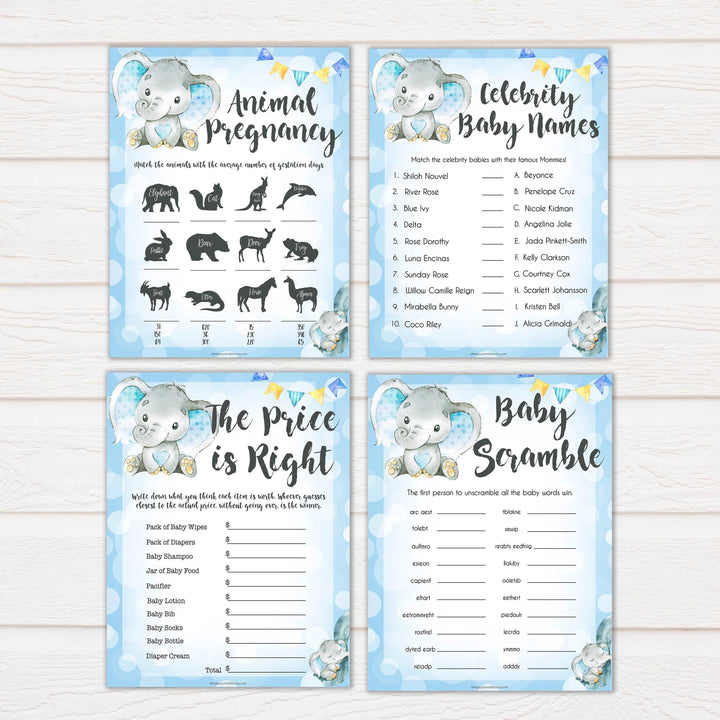 Blue elephant baby games, 10 baby shower games pack, elephant baby games, printable baby games, top baby games, best baby shower games, baby shower ideas, fun baby games, elephant baby shower