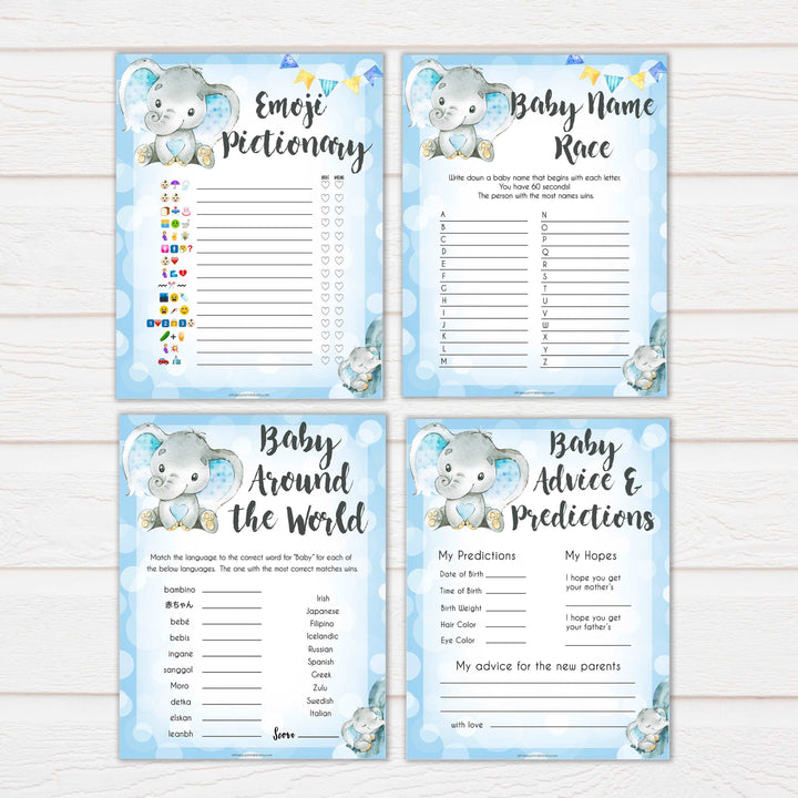 Blue elephant baby games, 10 baby shower games pack, elephant baby games, printable baby games, top baby games, best baby shower games, baby shower ideas, fun baby games, elephant baby shower